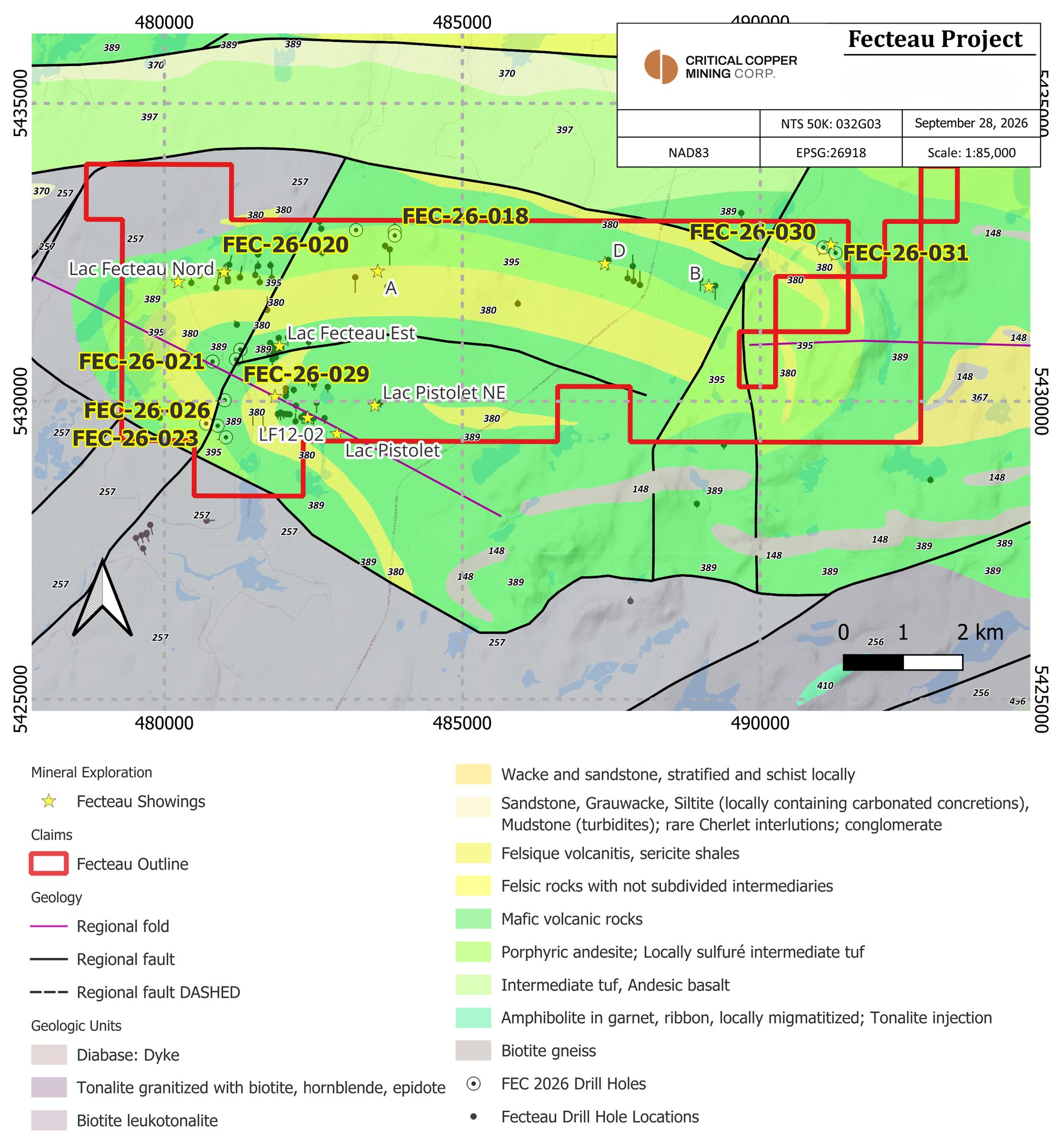 Fecteau Project geology map showing the claim outline, regional folds and faults, mineral showings, historical drill holes and the 2026 drill holes